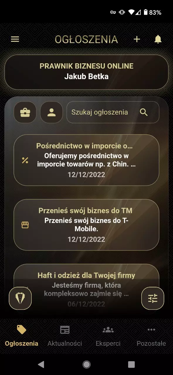 Biznes 3.0 screen aplikacji widok ogłoszeń