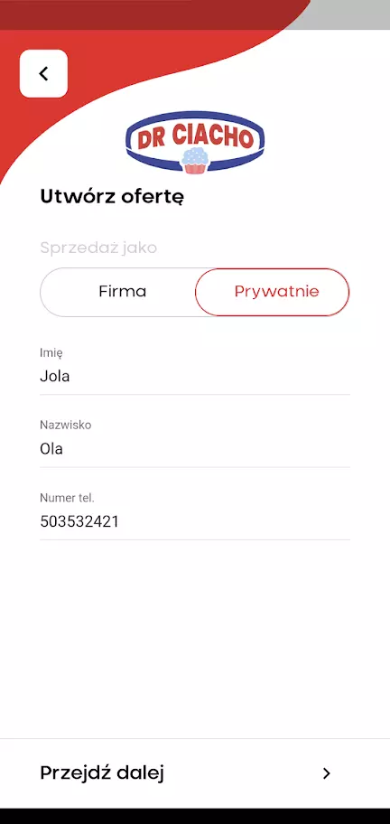 Dr Ciacho screen aplikacji widok tworznia nowej oferty