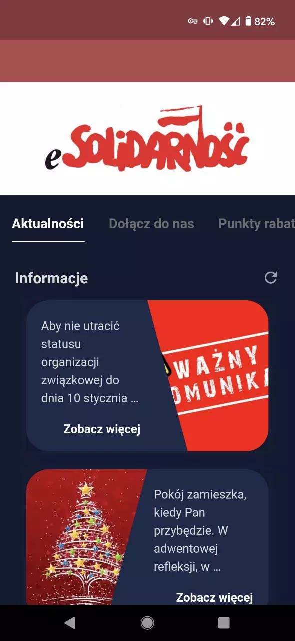 E Solidarność screen aplikacji widok aktualności