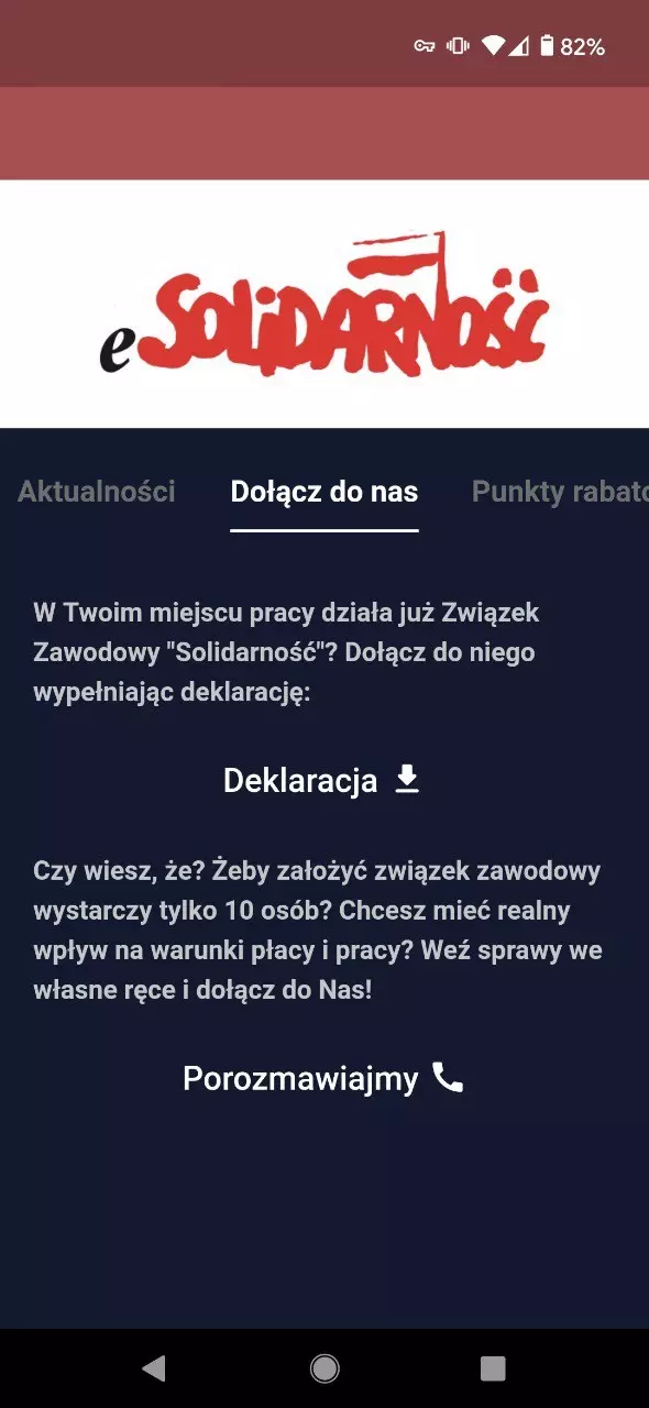 E Solidarność screen aplikacji widok zalet dołączenia do związków zawodowych