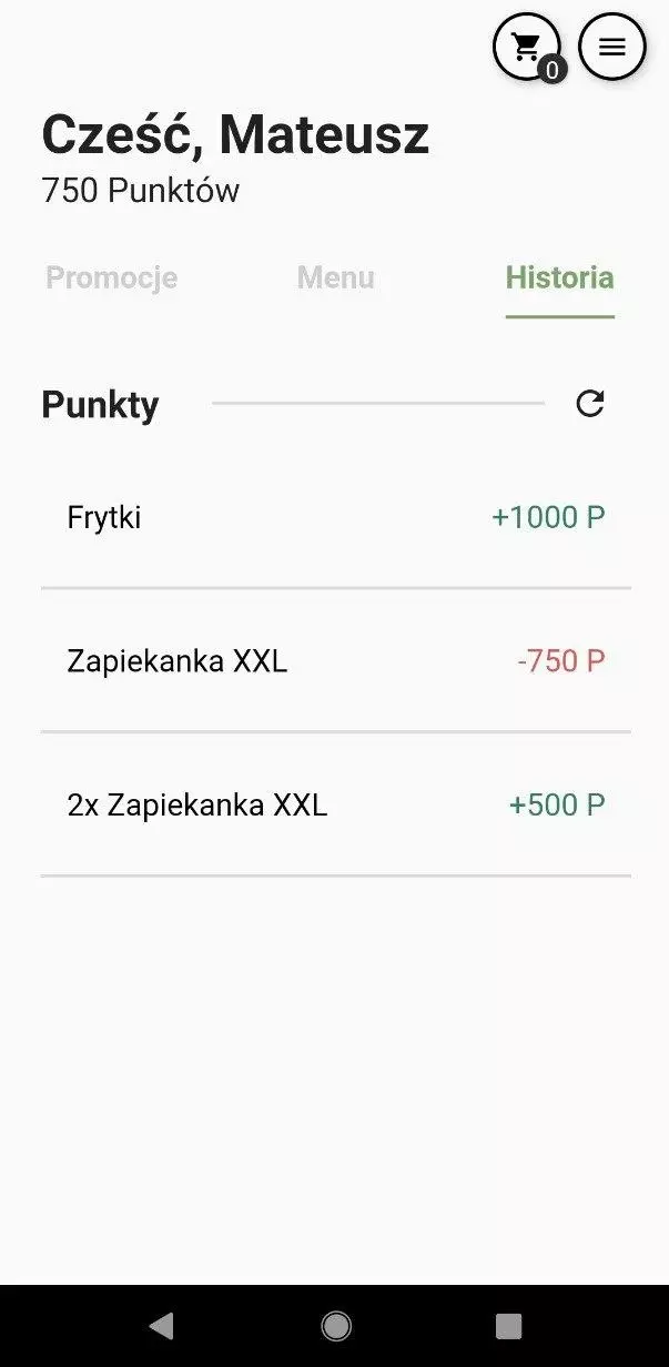 Gryfna Lama screen aplikacji widok z historią zakupów oraz historią punktów