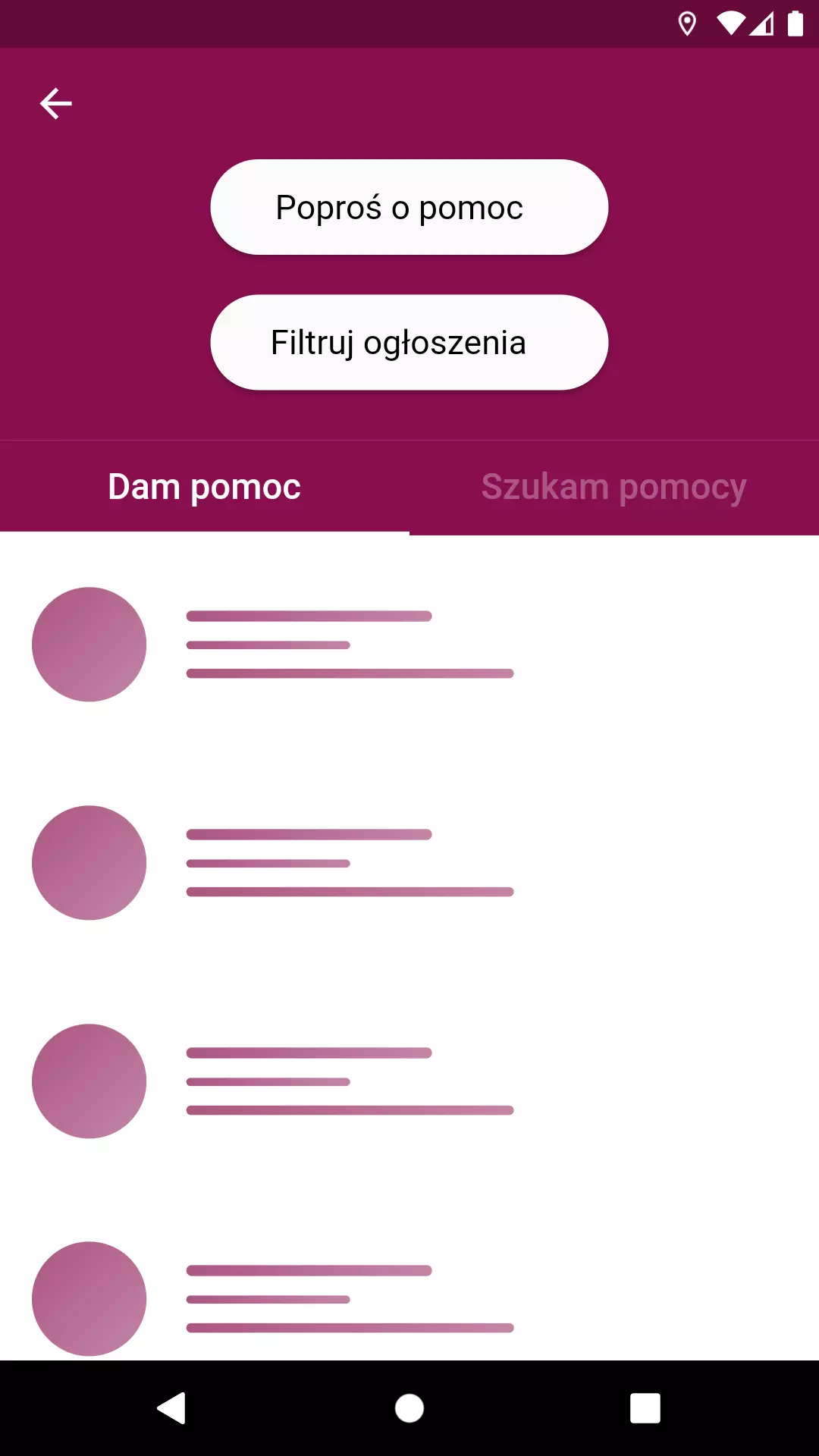 Na Pomoc screen aplikacji widok ogłoszeń pomocy