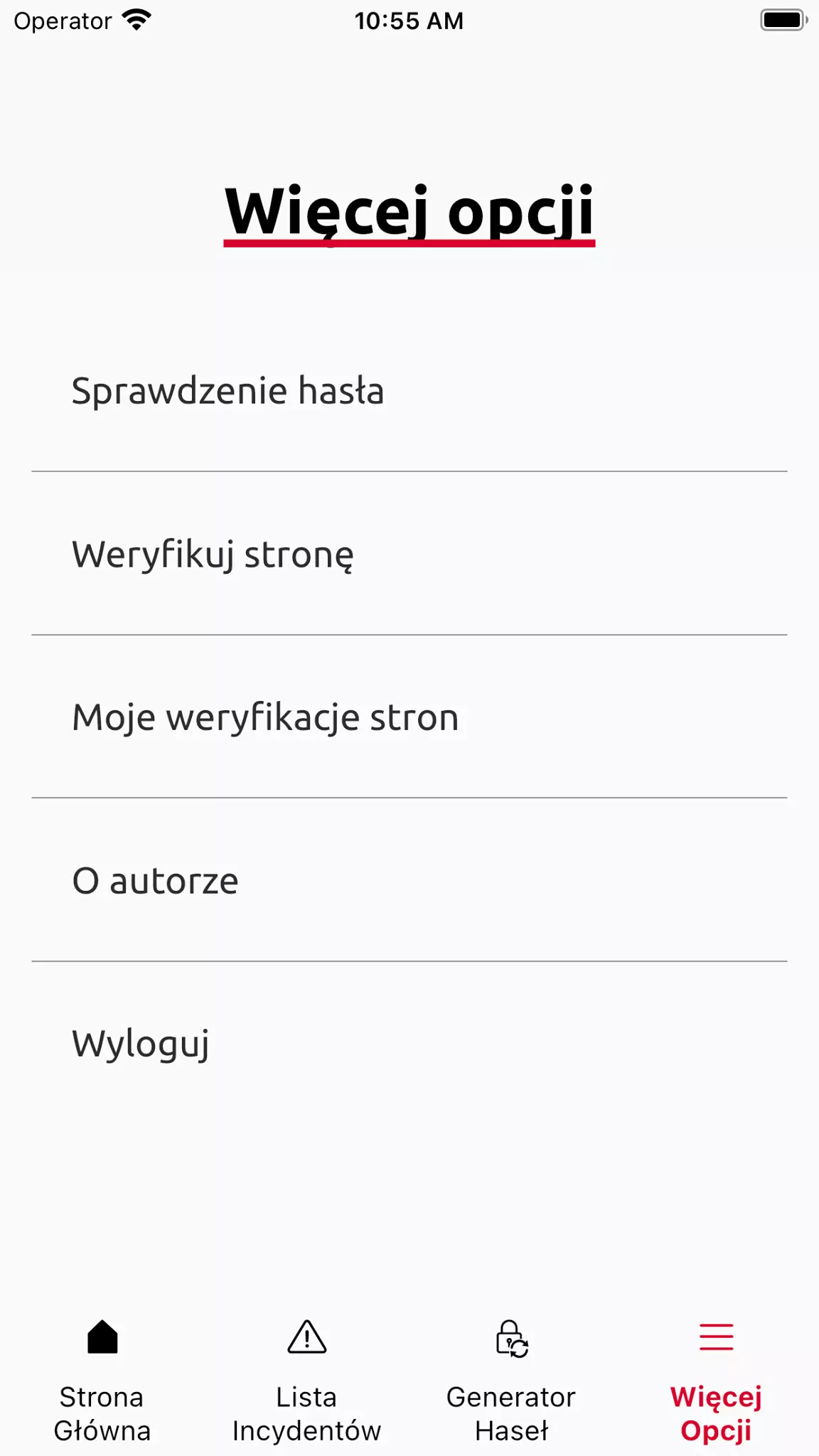 Ochroń Konto screen aplikacji widok menu