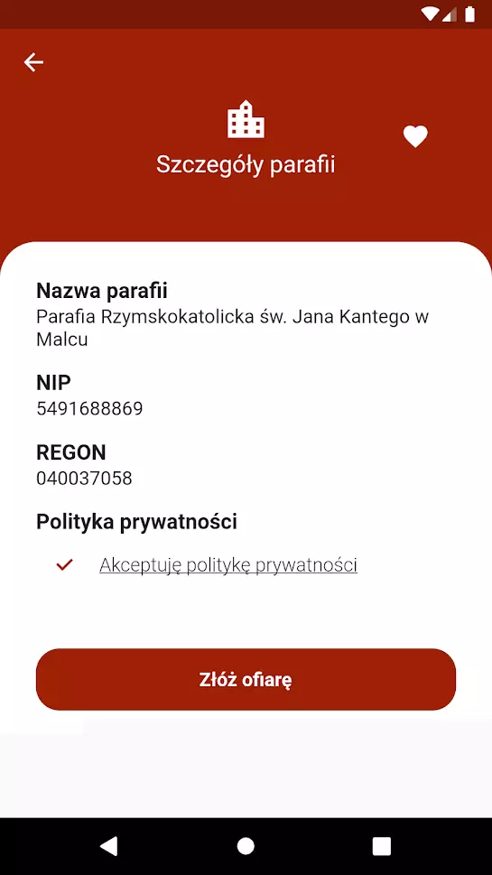 Ofiaro App screen aplikacji ekran danych danej parafii