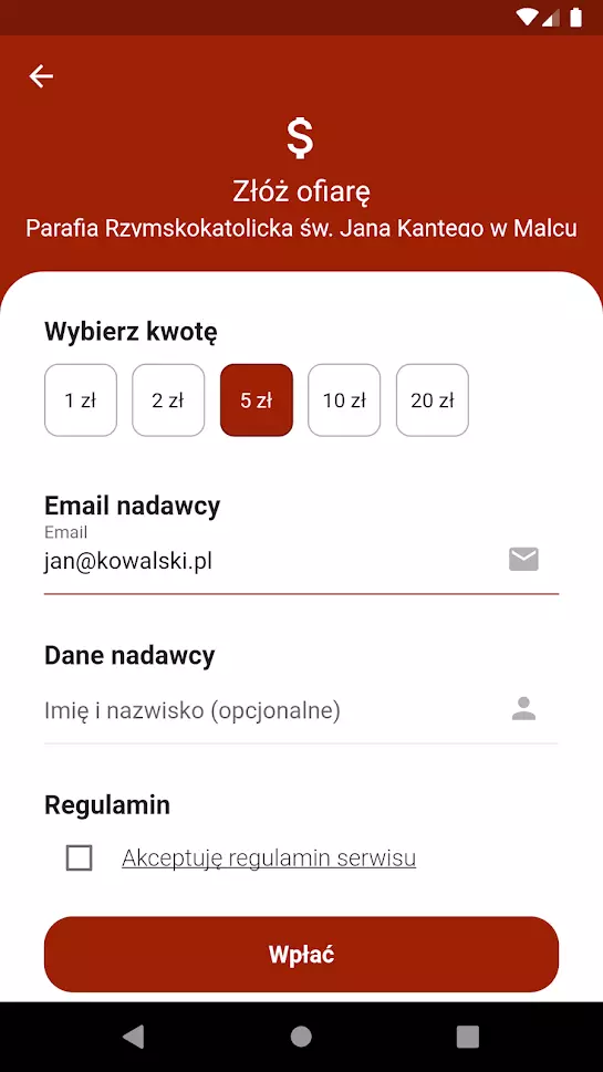 Ofiaro App ekran wyboru kwoty datku na parafię