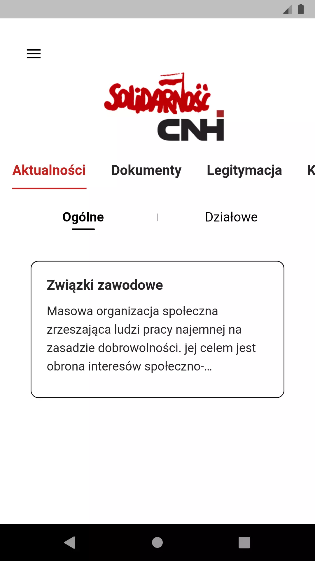 Scnhi screen aplikacji widok listy aktualności